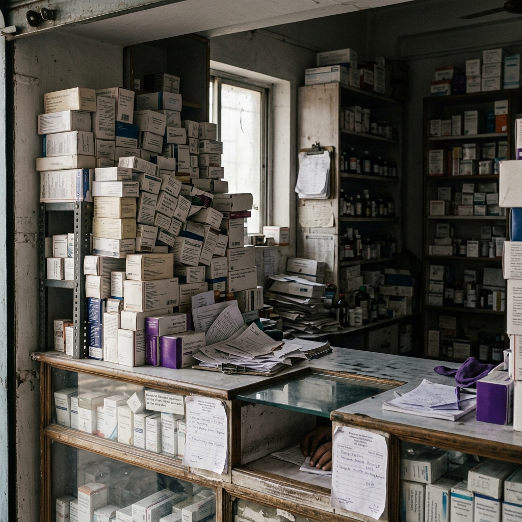 A cluttered, overstocked traditional hospital pharmacy