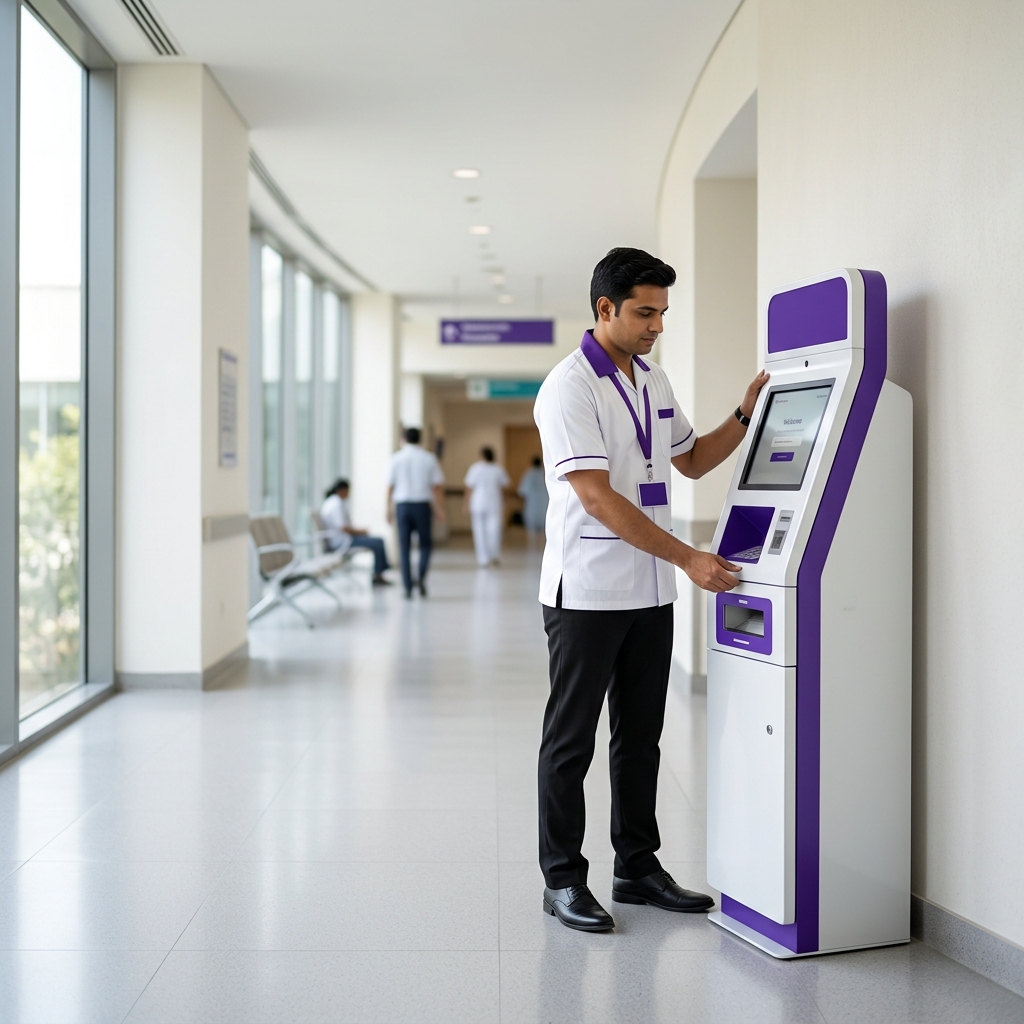 A technician placing the Medyzen kiosk in a hospital corridor